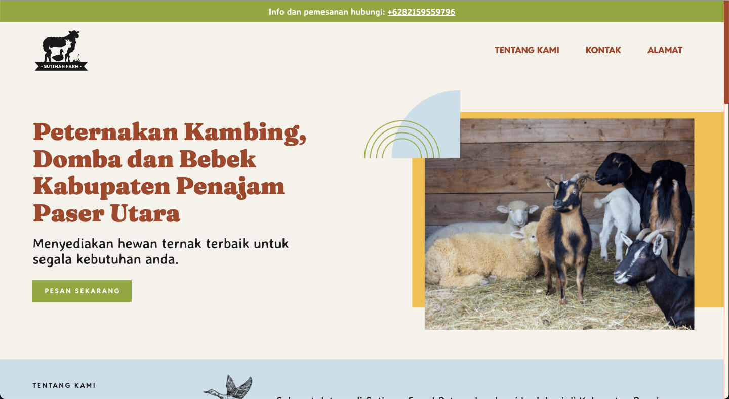 landing page of sutiman farm, one of jp design studio, a website, brand identity kit client